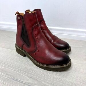 Pikolinos Chelsea Ankle Boots Womens 39 Burgundy Studded Leather Zip Lug Sole